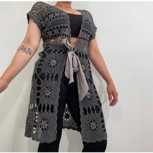 Boston Proper gray gold sequin crochet sweater